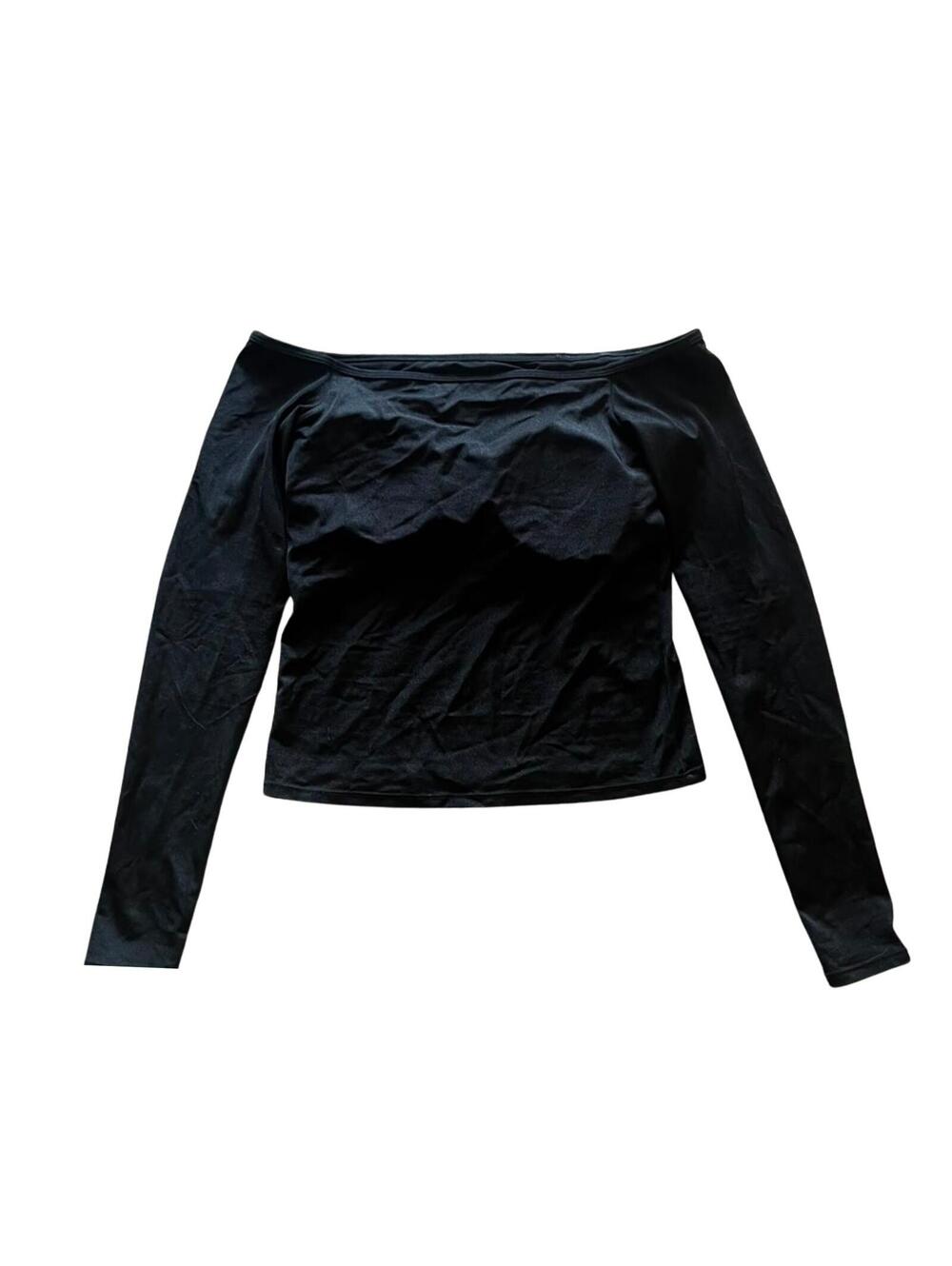 Klassy Network S Black Off Shoulder Long Sleeve Crop Top Built In Bra Stretch